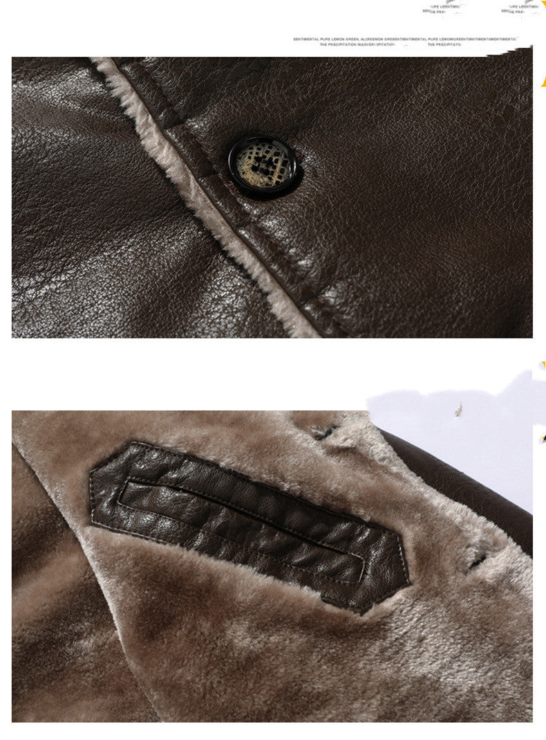 Plush Lapel Leather Jacket For Men