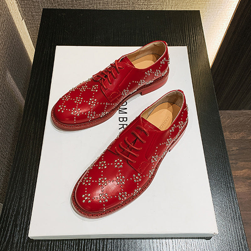 Leather Rivets British Style Shoes - Women