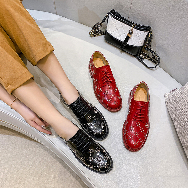 Leather Rivets British Style Shoes - Women