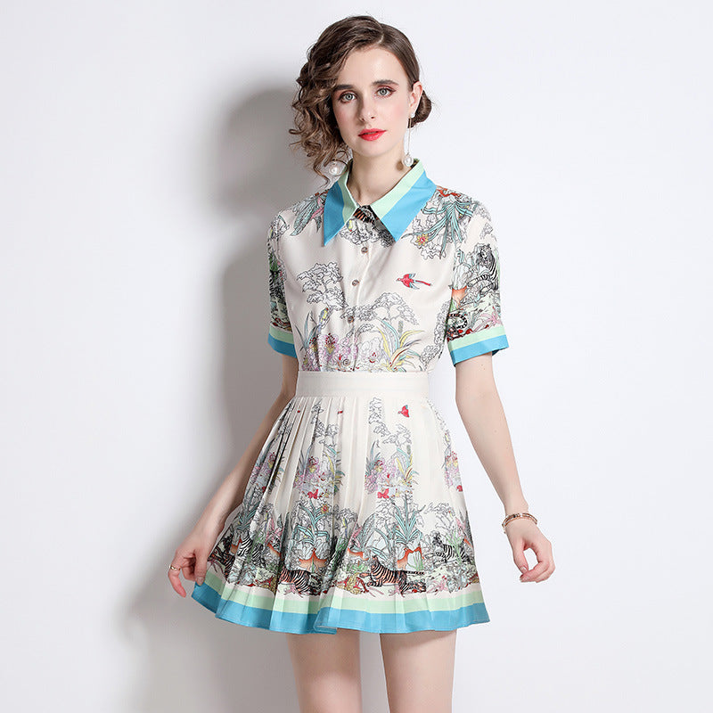Short Sleeve Printed Shirt Pleated Skirt Suit