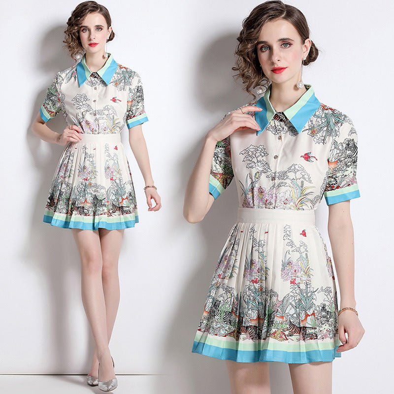Short Sleeve Printed Shirt Pleated Skirt Suit