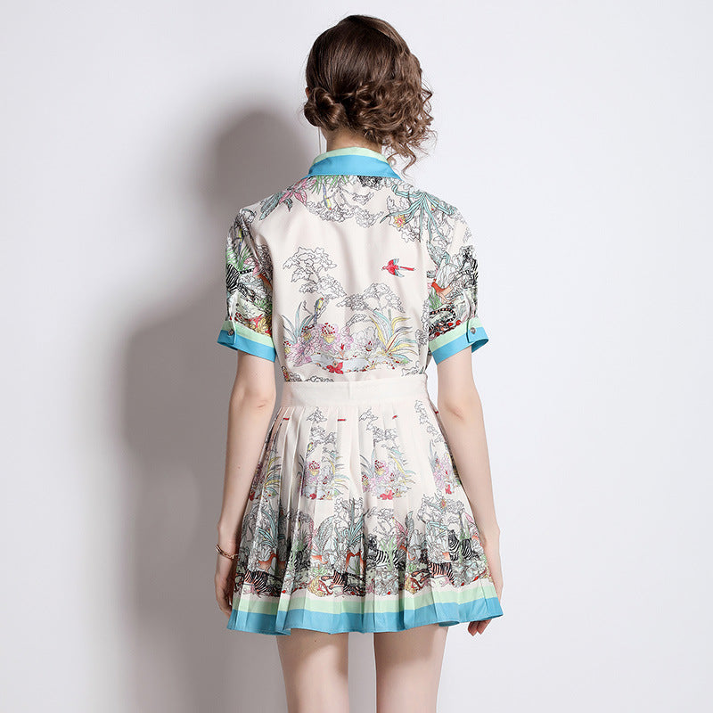 Short Sleeve Printed Shirt Pleated Skirt Suit