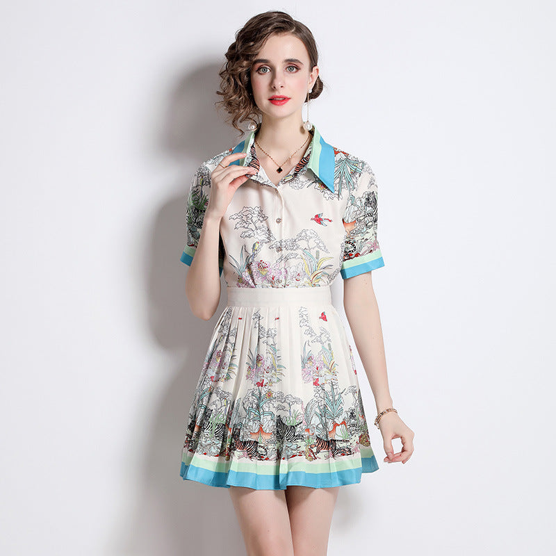 Short Sleeve Printed Shirt Pleated Skirt Suit