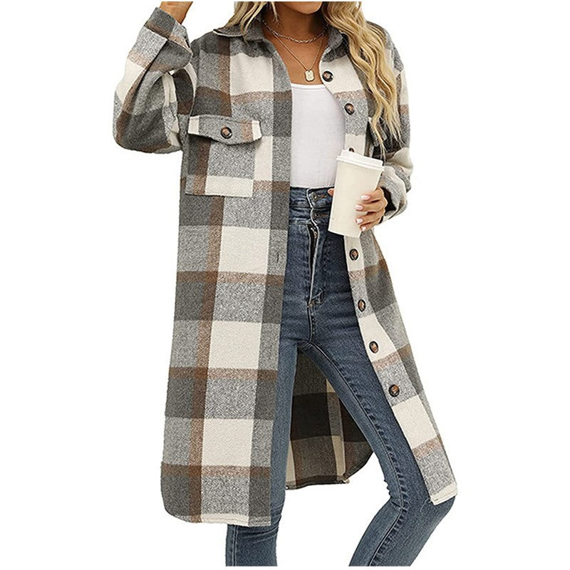 Plaid Lapel Button Woolen Casual Trench Coat