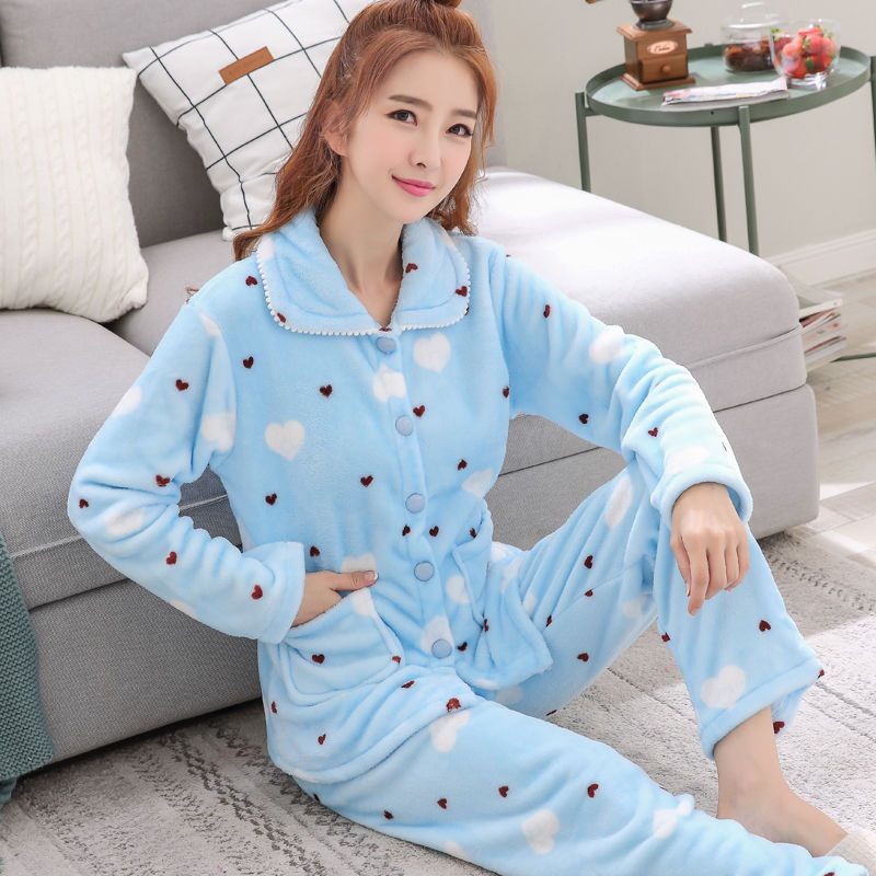 Autumn And Winter Fleece-lined Thickened Sweet Cardigan Flannel Homewear Pajamas