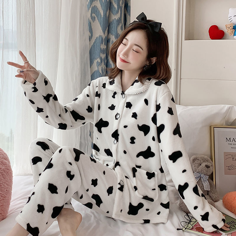 Autumn And Winter Fleece-lined Thickened Sweet Cardigan Flannel Homewear Pajamas