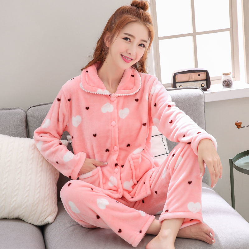 Autumn And Winter Fleece-lined Thickened Sweet Cardigan Flannel Homewear Pajamas