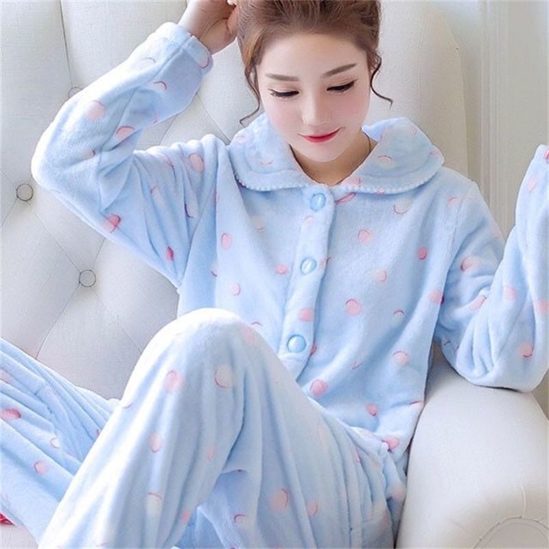 Autumn And Winter Fleece-lined Thickened Sweet Cardigan Flannel Homewear Pajamas