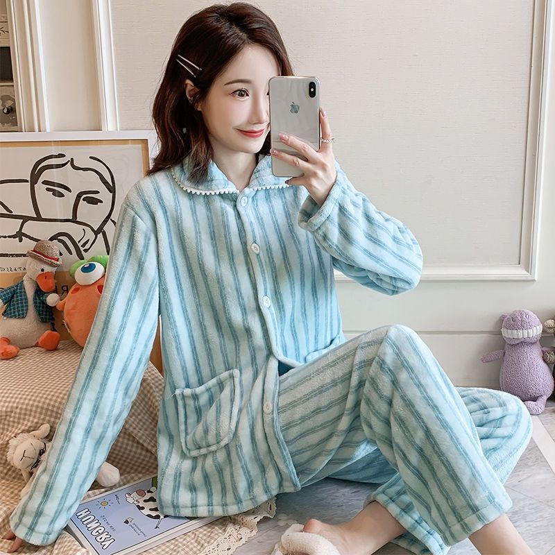 Autumn And Winter Fleece-lined Thickened Sweet Cardigan Flannel Homewear Pajamas